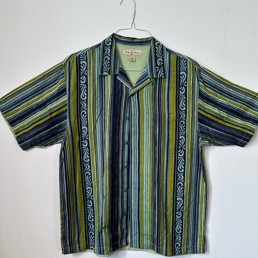 Vintage Tommy Bahama Tropical Vertical Stripe Button Down in Green and Blue